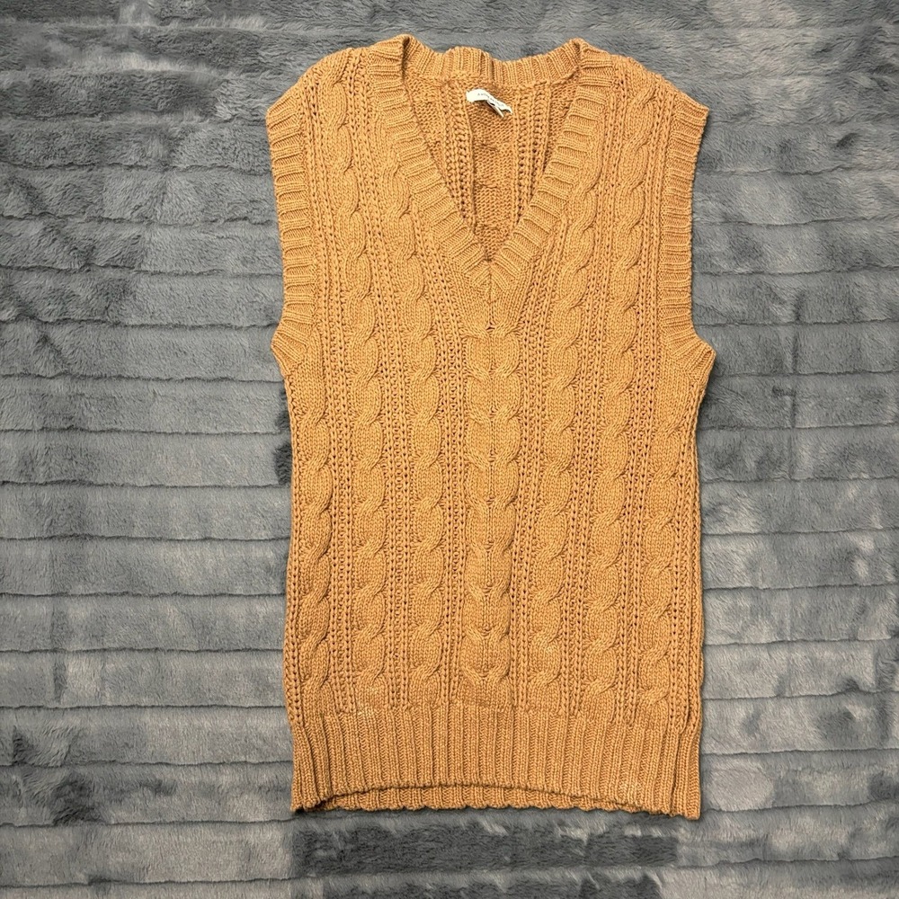 American Eagle Womens XS Cable Knit Sweater Vest V-Neck Tan Brown Cotton 8521